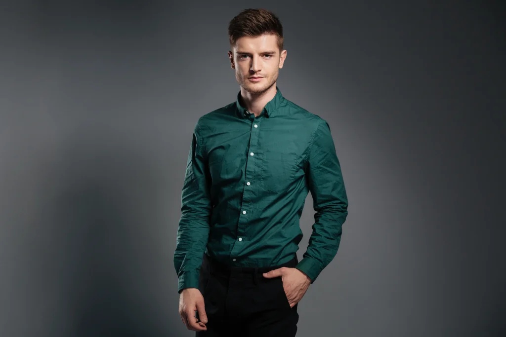 Stylish man wearing a modern Mandarin Collar shirt, paired with tailored trousers