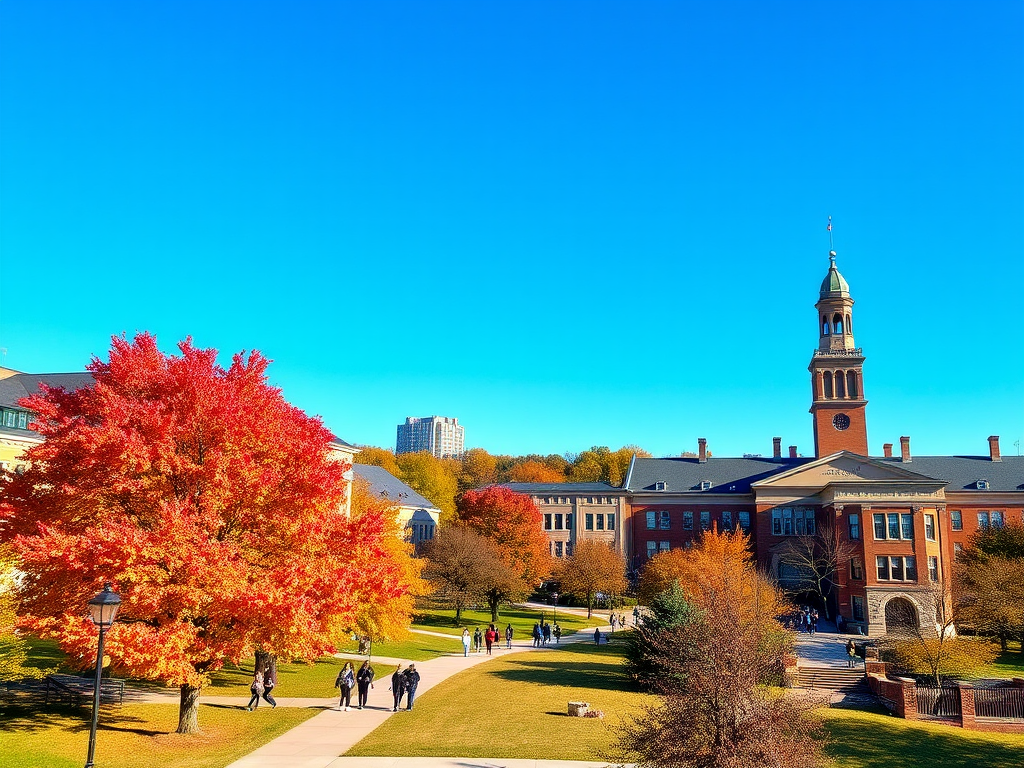 How to Write Outstanding Northwestern Supplemental Essays A scenic view of Northwestern University campus during autumn, showcasing vibrant fall foliage, historic buildings, and students walking along pathways, representing the inspiring environment for writing Northwestern supplemental essays.